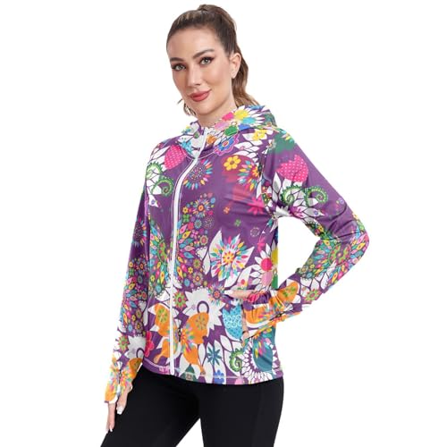 KLL Moletom feminino com capuz e proteção FPS 50+, sem costura, estampa floral branca, Estampa flora