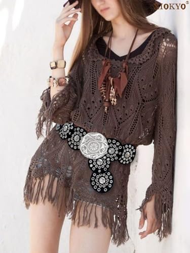 Western Belt for Women - Boho Cowgirl Concho, Circle Brown Wide, Vintage Disc Accessories3