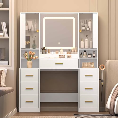 Image of Wodeer White Makeup Vanity Desk with Mirror & Lights, Modern Vanity Table with Charging Station, 7 Drawers, Glass Cabinet, Adjustable Shelves, Bedroom Dressing Table Set for Women & Girls