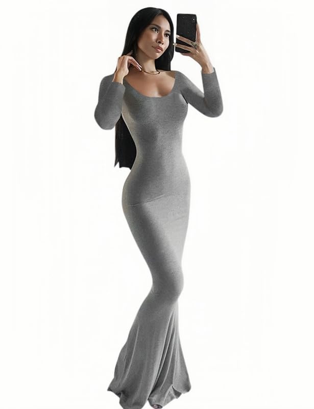 Vestito Donna Maniche Lunghe Aderente Abito Lungo con Scollo Quadrato Sexy Tinta Unita Maxi Bodycon Vestito Elasticizzato Abito da Cocktai per Feste e Cerimonie Discoteca