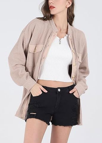 utcoco Women's Casual Waffle Knit Shacket Jacket Loose Fit Long Sleeve Button Down Shirt Shacket Top - Image 3