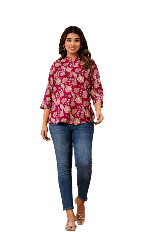 Image of Women's Cotton Printed Kurta Top | 3 /4 Sleeve Straight Kurti Casual Outings