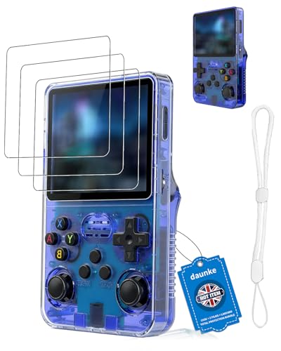 daunke Case for R36s Retro Handheld Game Console ,3-in-1 Protective Bundle [TPU Case + 3 Pack 9H Tempered Glass Screen Protectors + Anti-Lost Lanyard],Shockproof,Scratch Proof,Travel Portable Durable