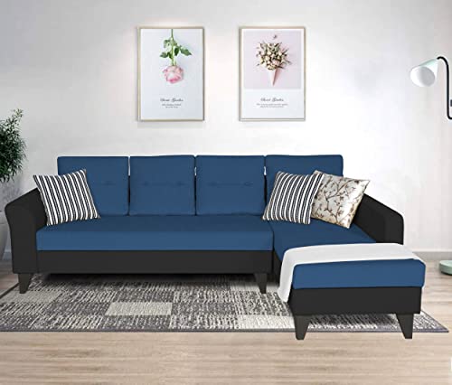 Image of Adorn India Maddox Tufted L Shape 6 Seater Sofa Set RHS (Blue & Black) (3 Year Warranty)