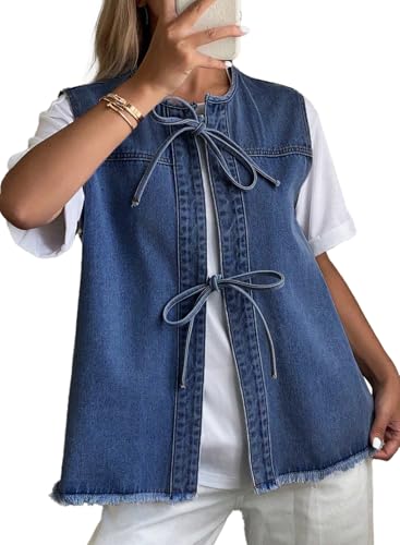 Astylish Women's Distressed Denim Vest Cute Bow Tie Front Soft Light Wash Buttonless Corset Style Jacket for Women Bluing Small