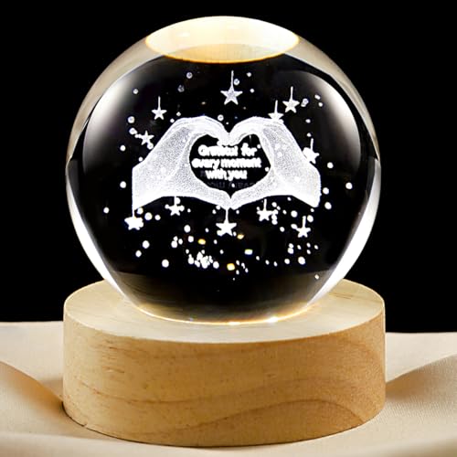 Image of 3D Greatful Crystal Ball Lamp with Dimmable LED and Wooden Base, Night Light for Kids Teens Adults, Home Desk Office Bedroom Decor, Birthday Gift (2.4 inch / 6cm)