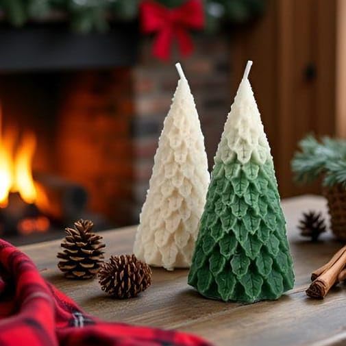 StylizShades 2 Pcs Christmas Tree Shaped Scented Candles, White & Green Wax Snow Tree Candles for Christmas Holiday Table Decoration 3