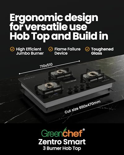 Image of Greenchef Zentro Smart Three burner Glass Hob Top| Digital timer| Featured with Flame failure| Black Color| High efficiency tornado Burners| Dual Purpose Hob(Built In Or Counter top)