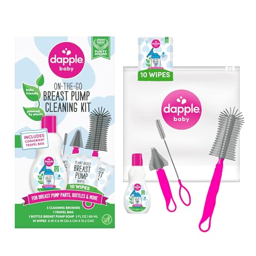 Image of Dapple Breast Pump Cleaning Kit, 3 Baby Bottle Cleaning Brushes, Hypoallergenic & Powered by Plants, Removes Milk Residue, Leaves No Taste, 3oz Soap, 10ct Wipes 3 Cleaning Brushes