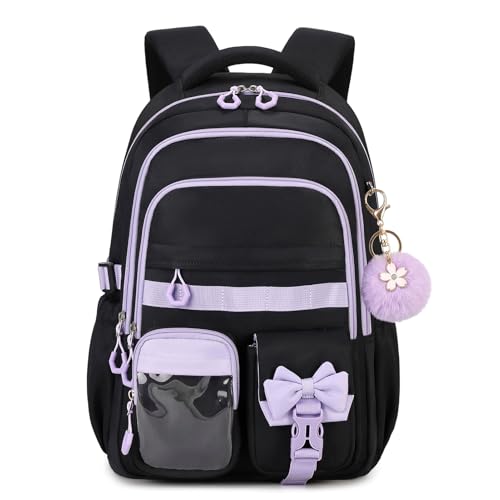 Amythe Schulrucksack Mädchen Rucksack Kinder, Leichter Ergonomisch Schultasche für Mädchen 8-12 Jahre, Lässiger Ranzen Teenager für die Schule Reisen, 22 Liter, Schwarz Lila