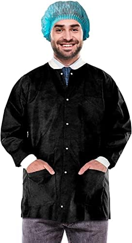 EZGOODZ Disposable Lab Jackets, 30" Long. Pack of 10 Black Hip-Length Work Gowns Medium. SMS 50 gsm Shirts with Snaps Front, Knit Cuffs & Collar, 3 Pockets. Unisex PPE Body Protective Short Coats.