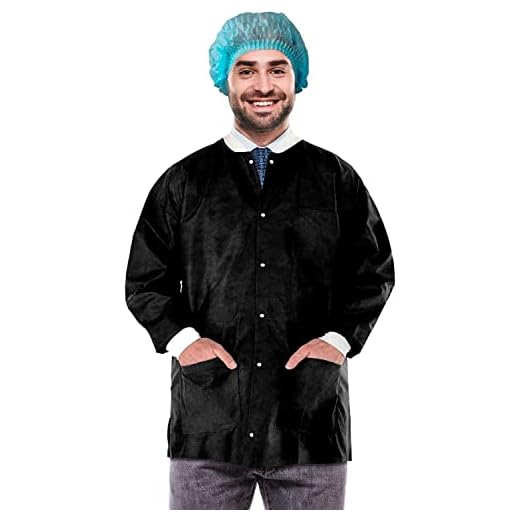 EZGOODZ Disposable Lab Jackets, Black X-Large 32 Inches Long SMS 50 GSM Hip Length Lab Jackets with Snap Front, Knit Cuffs and Collar, 3 Pockets, Pack of 10