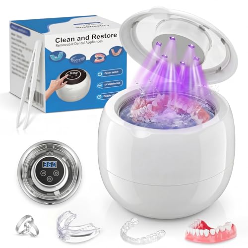 Nettoyeur Ultrasons, 45kHz Rechargeab Ultrasonic Cleaner avec Lampe UV LED, 4 Modes Programmables pour Prothèse Dentaire, Aligneur Adulte, Gouttière, Bijoux...