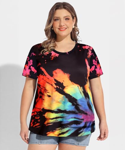 Image of CARCOS Plus Size Tops for Women Short Sleeve Shirt Summer Star /Leopard /Tie Dye /Flower Crewneck Pullover Tunic XL-5XL