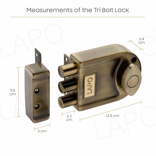 Image of LAPO Antique Brass Tri-Bolt Lock for Main Door, Deadbolt Security Lock for Wooden Doors, Fixed Cylinder Design with 4 Brass Keys, Suitable for Inside & Outside Opening, Stylish Heavy-Duty Door Lock