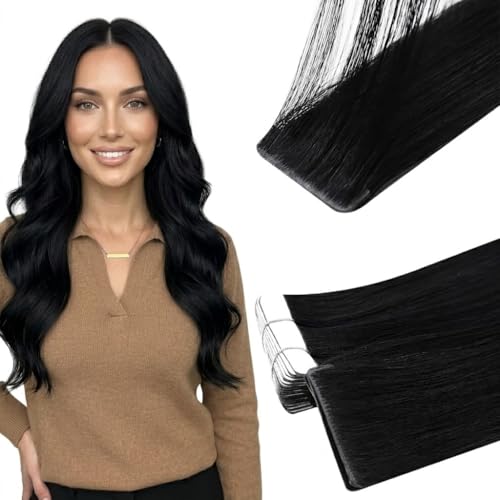 Image of Full Shine Injected Tape in Hair Extensions Human Hair, Color 1 Black, 14 Inch 40 Grams 20 Pcs, Machine Remy Invisible Tape in Extensions, Natural Movement, Glossy Finish, Smooth Comfortable