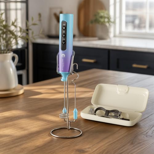Image of Rechargeable Milk Frother with Stand, 4 Interchangeable Whisks & Travel Case - Handheld Mixer for Lattes, Matcha, Hot Chocolate, Eggs & Protein Shakes
