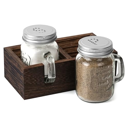Winter Shore Juego de Salero y Pimentero con Bandeja Madera (Pack de 2) - Juego Salero Pimentero de Vidrio para Cocina - Juego de Botes para Sal, Pimienta, Especias, Sazonadores y Condimentos