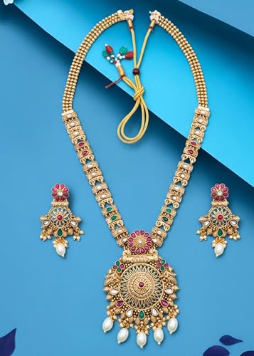 Image of Mansiyaorange South Indian Temple Style Long Pearl Rani Haar with Floral Necklace & Earrings | Traditional Gold Plated Kempu Kundan Stone Jewelry Set for Women