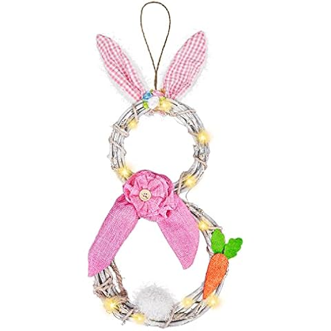 Easter Wreath 48cm, Easter Bunny Wreath Spring Door Wreath, LED Easter Door Decoration, Easter Bunnies Ornaments with Lights, Spring Wreath, Home Party Easter Decoration (Pink) Cover