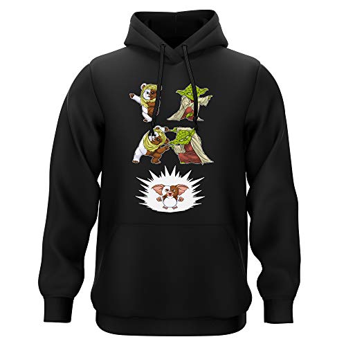 Sweat-Shirt à Capuche Noir Parodie Star Wars - Gremlins - Yoda, Un Ewok et Gizmo - Fusion !! YAHA !! (Sweatshirt de qualité Premium de Taille L - imprimé en France)