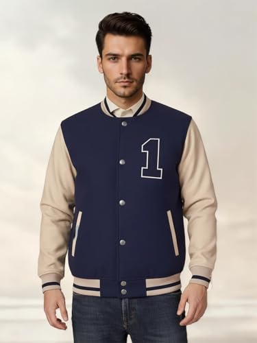 Image of CHKOKKO Men's Regular Varsity Jacket with Snap Button Closure and Patch Design Trendy Comfortable Outerwear for College Travel and Casual Wear