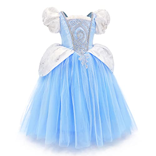 MDycW Cinderella Princess Dress Puff Sleeve Costume, Special Occasion Dresses for Girls, Ultra Soft Lace Fancy Gown Birthday Party Dress Up