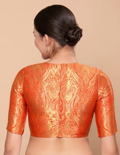 Image of Studio Shringaar Women Brocade Silky Jewel Neck Readymade Elbow Length Sleeve Saree Blouse