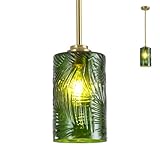 Glass Pendant Light Kitchen Island, Light Fixtures Brushed Gold Modern Glass Chandelier Bulbs not Included Hanging Ceiling for Dining Living Room Restaurant Bedroom Foyer Entryway (Leaf Green)