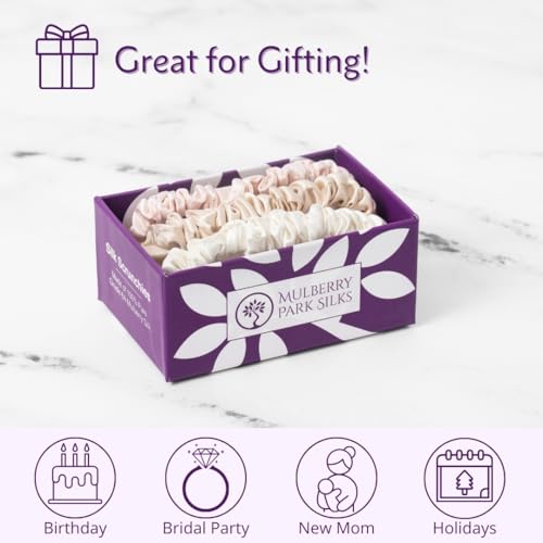 Mulberry Park Silks 100% Pure Silk Scrunchies, 3 Pack - Prevents Frizz, Reduces Breakage, Gentle On All Hair Types, Hair Accessories - Small (Ivory/Pink/Sand)