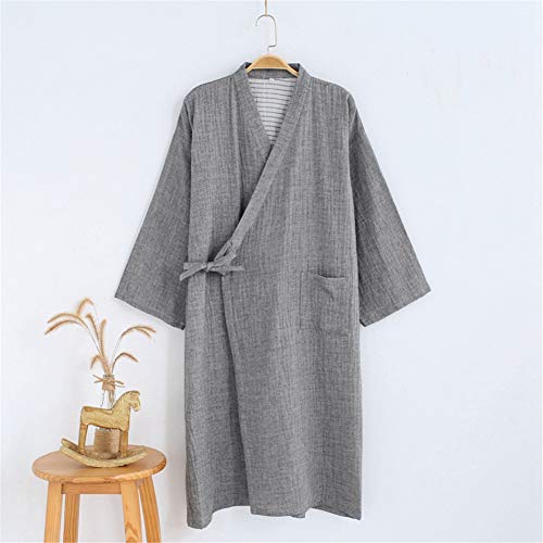 Shanghai Story Men\'s Washed Cotton Kimono Bathrobe Sleepwear Nightwear Yukata Grey L