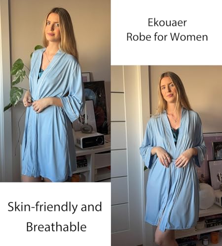 Image of Ekouaer Women Robes Knee Length Kimono Bathrobe Lightweight Soft Sleepwear
