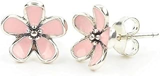 Stonebeads Pink Cherry Blossom Flower Stud Earrings in 925 sterling silver with pink enamel flowers.