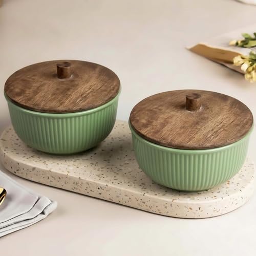 Image of The Earth Store Ceramic Bowl Set of 2 with Lid (550ML Each) Green Fringe Design | Microwave Safe Bowl Set | Multipurpose Snack Bowl for Serving, Storage, Office & Home