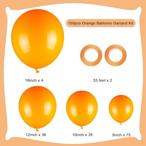 Image of 150pcs Orange Balloons Different Sizes Pack, 18 12 10 5 Inch Party Balloon Garland Arch Kit for Halloween Birthday Graduation Baby Shower Party Decorations(With 2 Ribbons)