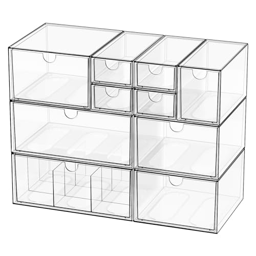 Yashong Clear 10-Drawer Stackable Desk Organizer Storage Set