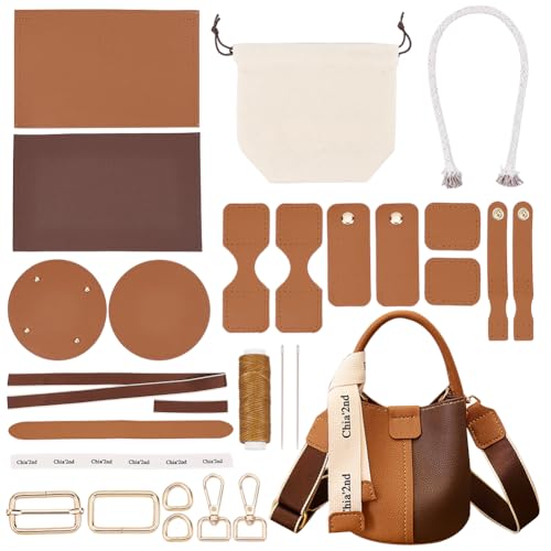 WADORN DIY PU Leather Bag Making Kit for Women, Handbags Sewing Kit for Adult DIY Bucket Bag Making Kit with Lined Pockets DIY Purse Cross Leather Craft Bag Making Supplies, 6.7x6.7 Inch, Brown