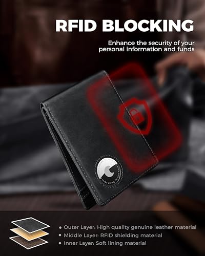 Image of LORZOR Mens Wallet with AirTag Holder, Bifold Full Grain Leather Minimalist Front Pocket RFID Blocking AirTag Wallet with ID Window Gift for Men, up to 12 Cards