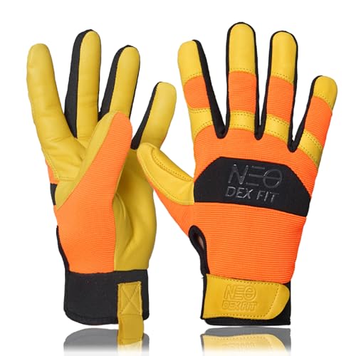 DEX FIT MG210P Mechanic Work Gloves, Waterproof Cowhide Leather Palm, Breathable Mesh Back, 3D Ergonomic Fit for Auto Repair, Construction, Gardening; Orange/Gold L 1 Pair