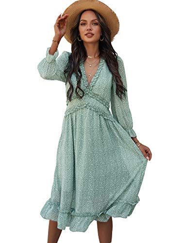 QANSI Womens Cute Spring Summer Casual V Neck Chiffon Lantern Long Sleeve Elegant Boho Hawaiian Flowy Midi Short Tunic Skirt Dresses for Women Party 2021 Light Green S