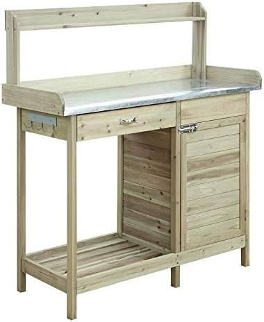 StarSun Depot Natural Fir Wood Potting Bench with Galvanized Steel Table Top