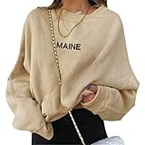 Tomwell Damen Sweatshirt mit Dinosaurier Muster Langarm Kapuzenpullover Warm Rundhals Pulli Oversized Hoodie Casual Bequem Vintage Pullover Teenager Mädchen Sportbekleidung F4 Beige M