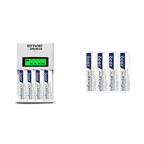 Image of ENVIE (ECR11+AA2800 4PL) Speedster Rechargeable Batteries Charger && Infinite Plus AA High Capacity (2800mAh) Ni-MH Rechargeable Ready to Use Battery Pack of 4