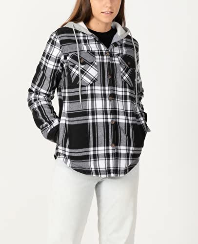 Womens Fleece Lined Hooded Flannel Shirt Jacket For Women Button Up Oversized Fuzzy Plaid Flannel Hoodie Jackets Bw L #TOP2