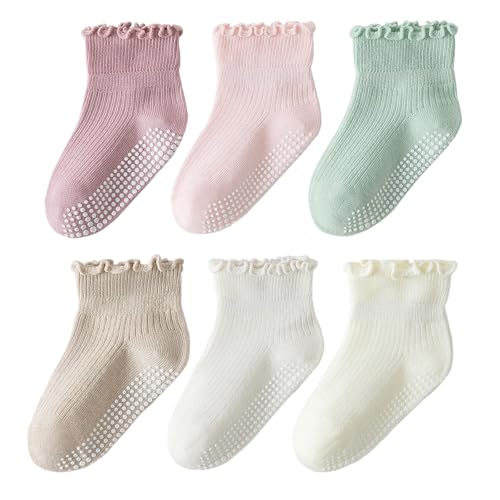 ANYANIME 6 Pairs Toddler Ruffle Socks for Girls Baby Grip Socks Non Slip Socks Cute Grippy Frilly