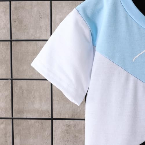 Image of Ayzozuy Boy Clothes Colorblock Top + Drawstring Waist Shorts 2 Pieces Kid Summer Outfits Set