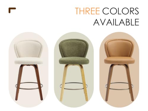 Image of HNY Swivel Counter Height Bar Stools, 26 Inch, Green, Set of 4 | Natural Wooden Leg and Back, Modern Chenille Upholstered, For Kitchen Island