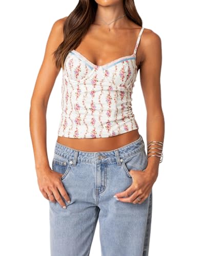 Women Teens Cute Babydoll Tops Y2k Floral Lace Trim Camisole Ruffle Tank Top Summer Flowy Peplum Top Streetwear