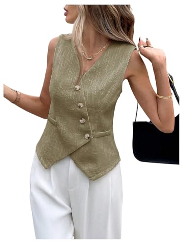 OYOANGLE Women's Suit Vest Top Button Front V Neck Work Dressy Sleeveless Blazer Jacket Waistcoat Green Small