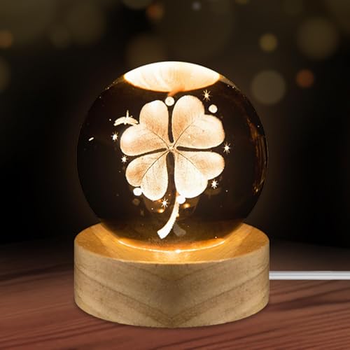 TaimeiMao Veilleuse Boule de Cristal 3D,Boule Cristal Lumineuse Trèfle à Quatre Feuilles,Lampe 3D avec LED Multicolore Base en Bois,Veilleuse - Cadeau - Décoration Fantaisie de Chambre